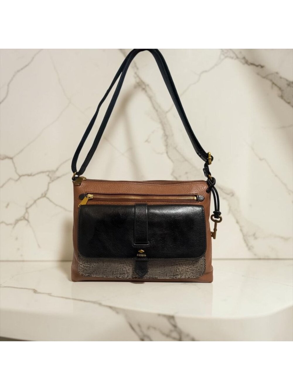 Fossil Kinley Pocket Crossbody ZB7378 Brown Pebbled Leather and Snake Print Bag